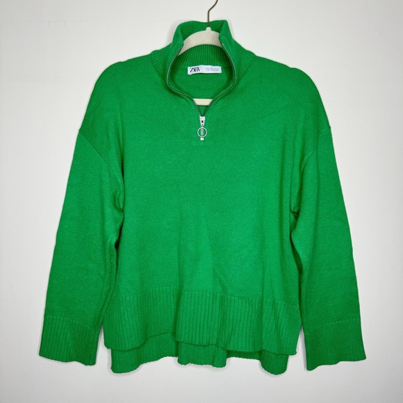 Zara Quarter Zip Funnel-Neck Knit Sweater Green Small - Picture 2 of 7
